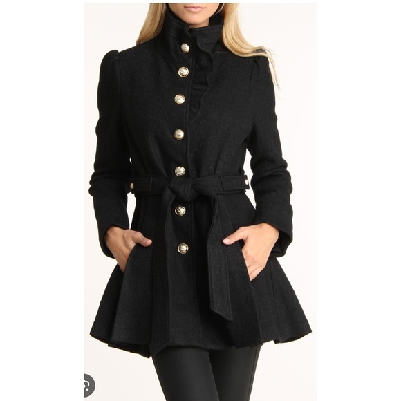 bebe Jackets & Blazers - Bebe2yk Black Wool Blend Ruffled Collar Belted Peplum Coat Womens XS